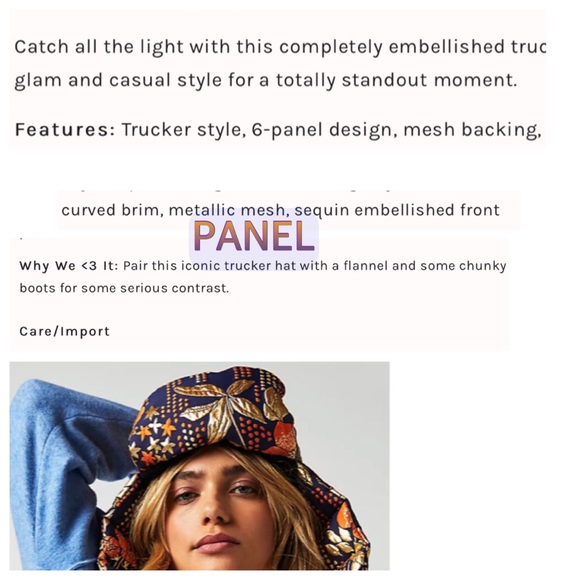 FREE PEOPLE METALLIC GOLD NAVY/MARIN 6 PANEL TRUCKER HAT RARE SOLD OUT - Picture 4 of 8